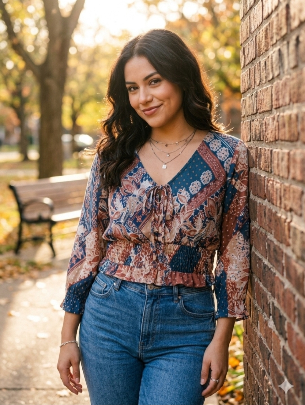 Always Indigo Blue & Pink Lace-Up V-Neck Floral Blouse